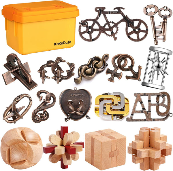 Brain Teaser Puzzles for Adults - 16pcs Disentanglement Metal Wooden Logic Puzzle Gift for Teens