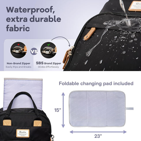 Backpack, Pack RUVALINO Diaper Bag Multifunction Travel Maternity Baby Changing Bags, Large Capacity, Waterproof, Black
