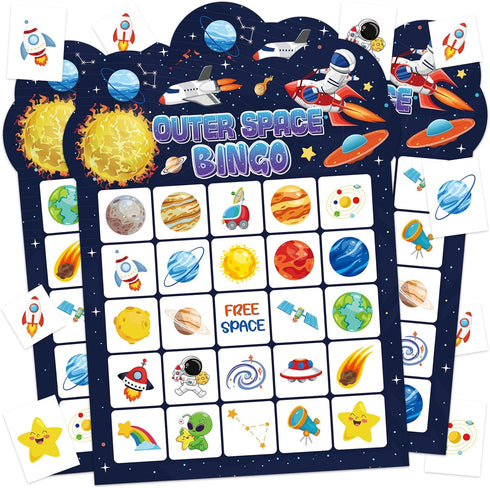 Leezead Space Bingo Game, 24 Players Outer Space Bingo Cards for Birthday Party