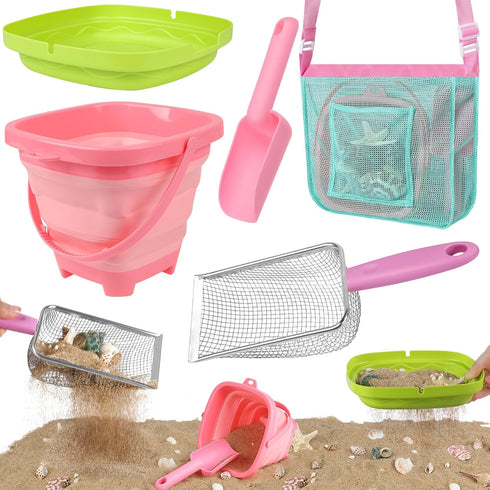 FHOZGECY Beach Toys, Sand Toys with Collapsible Bucket, Sand Sifter, Beach Mesh Shovel,