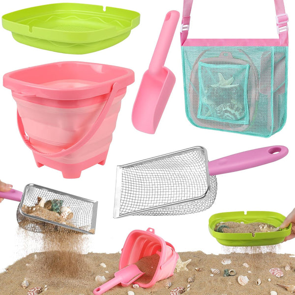 FHOZGECY Beach Toys, Sand Toys with Collapsible Bucket, Sand Sifter, Beach Mesh Shovel,