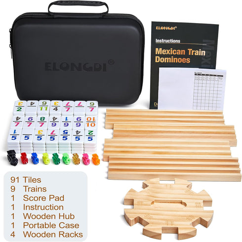 Set 4 12 91 ELONGDI Mexican Train Dominoes with Wooden Trays/Racks and Portable Carrying Case,Travel Colorful Double