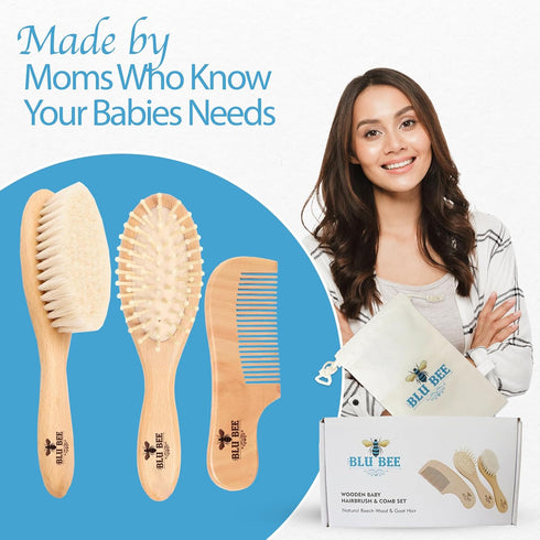 Set 3-in-1 Set The Hat Pros Wooden Baby Hairbrush & Comb | Soft Goat Hair Brush for New Born & Toddlers, Prevents