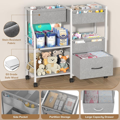 Novvia 3 Baby Diaper Caddy Organizer and Storage, Tier Rolling Cart with Dividers and Drawers, Mobile Utility Cart