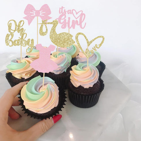 Gyufise 36 Pack Oh Baby Cupcake Toppers, It's a Girl Cupcake Toppers with Bow Dress Glitter Cake Picks for Baby Shower