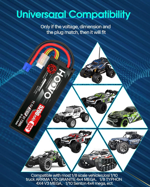 HOOVO 11.1V 3S Lipo Battery 5200mAh 80C Hard Case with EC3 Connector for RC Car Boat Truck Heli