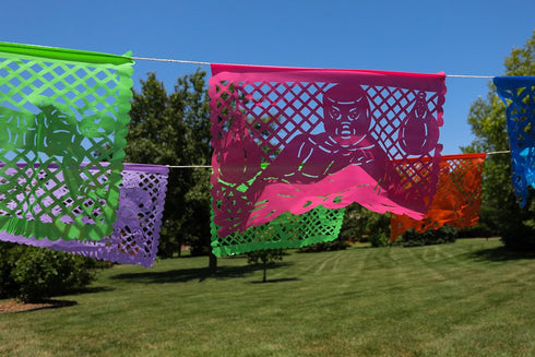 Lucha Libre Mexican Party Decorations, Papel Picado Banner (Plastic, 16-ft) for Birthdays, BBQs, Wrestling Events