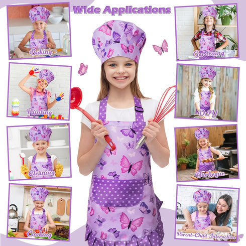Set 2Pcs 3-6 R HORSE Kid Apron and Chef Hat - Purple Butterfly Toddler Kitchen Apron for Girls, Adjustable Role Play