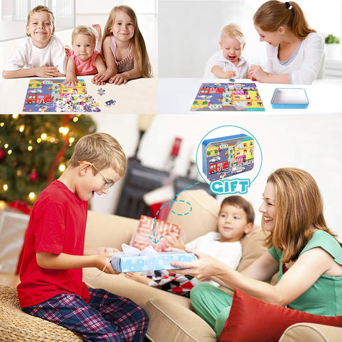 100 4-8 LELEMON Pieces Jigsaw Puzzles in a Metal Box for Kids Age for Boys Girls Toy Puzzles Fire Truck Ambulance