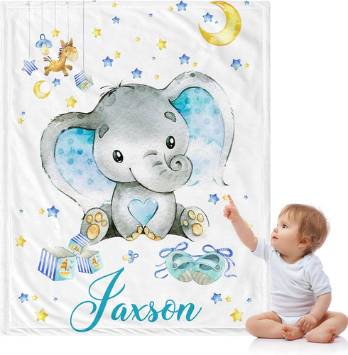J&SBGFT Custom Baby Blanket with Name, Elephant Receiving Blanket for Toddlers Kids Nursery