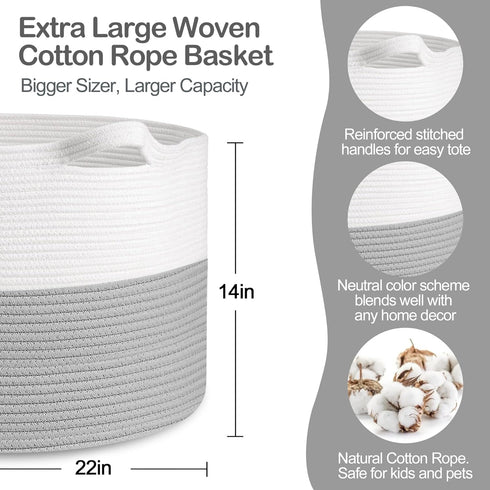 XXXL Large Cotton Rope Basket - 22" X 14" Blanket Basket for Living Room, Kids Toy Storage, Giant Woven Organizer