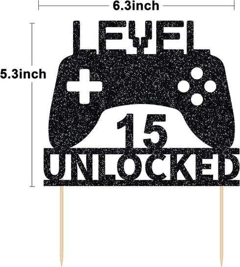 Level 15 Unlocked Cake Topper - Video Game Cake Topper for 15th Birthday Party Decoration