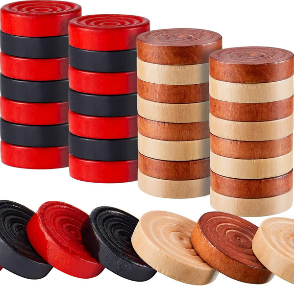 48 Pieces Wooden Checkers, 1.06 Inch Stackable Ridge Pieces with Drawstring Storage Pouch, Red Black Dark Brown