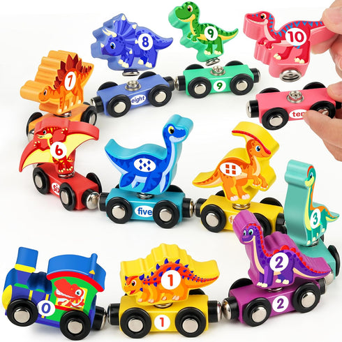 Vanmor Wooden Train Set with Dinosaur Toys - Snap-Connection Dinosaur Train, Learning Toys for 3-5 Year Old Kids