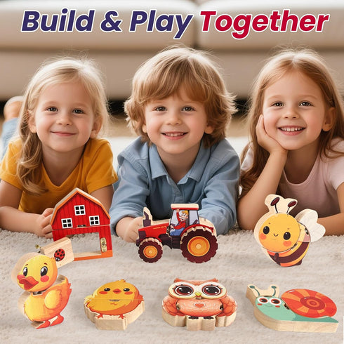 HUZU Farm Snap Wooden Blocks Montessori Building Toy for Toddler Kids, Moving Wheels Tractor, Lockable Door Barn, Mix