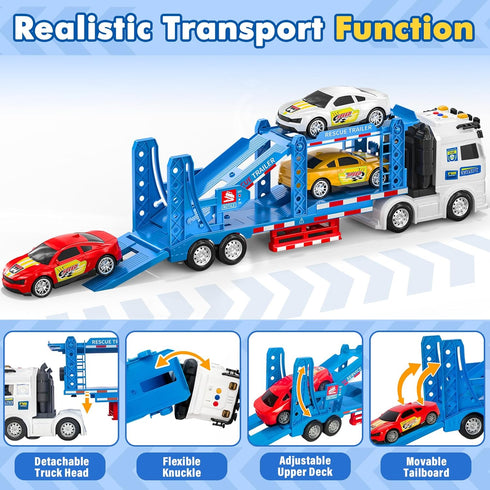 3 4 5 6 7 21" 4 Toddler Boy Toys for Years Kids, Double Layer Race Truck Toy with Racing Cars, Friction Powered Vehical