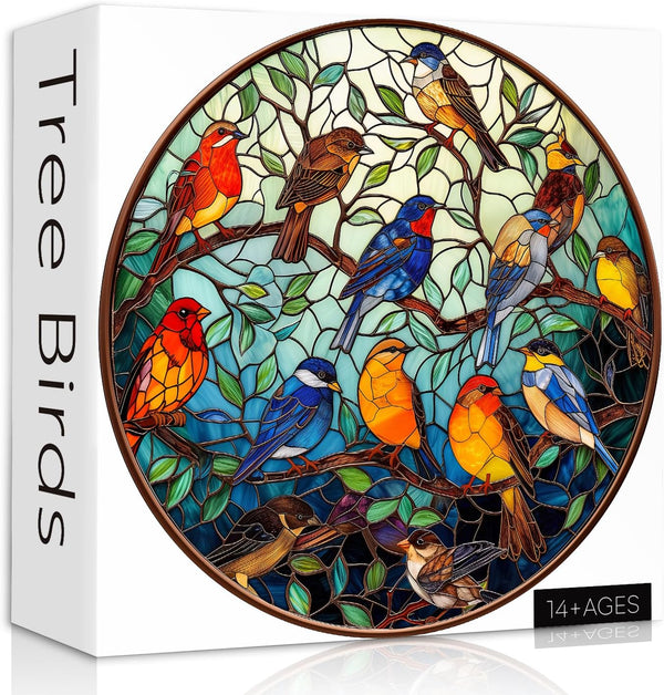 Stained Glass Puzzle Bird Puzzles for Adults 1000 Pieces, Colorful Round Bird Tree Jigsaw Puzzle, Challenging Decor