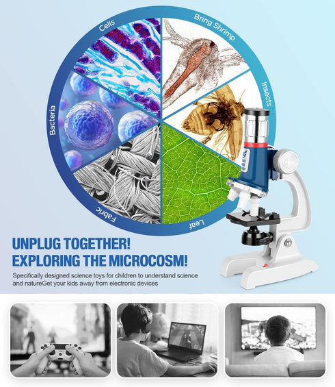 58-Piece Kids Microscope Kit - 100X-1200X Magnification with LED Light and Carrying Box for Ages 5-12
