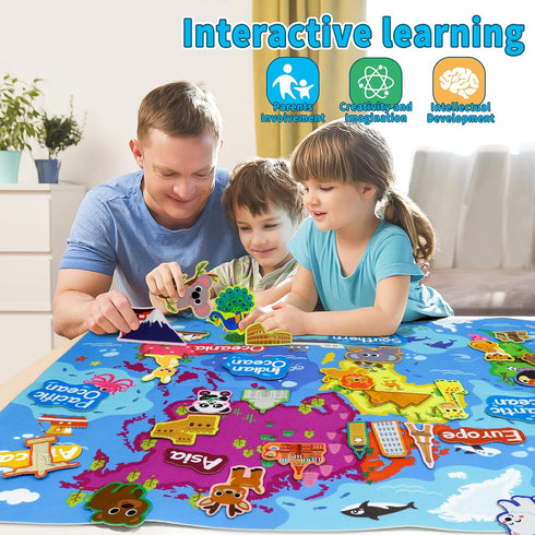 Taika Set, Set, 43x28 inch 4+ World Felt Felt World Map with World Famous Sights, Educational Play Mat Flannel Board