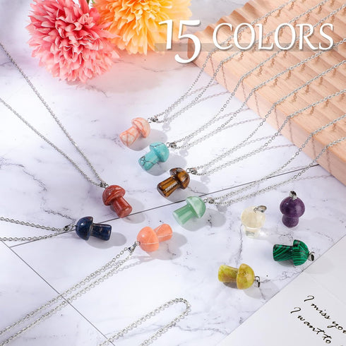 15 Pcs Heart Pendant Mushroom Crystal Necklace, Star Stone Necklaces for Valentine's Day Gifts