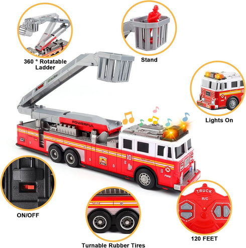 360 3 4 5 6 deAO Fire Truck Toys for Boys with Lights and Sounds,RC Remote Control Firetruck with Fodable Rotating