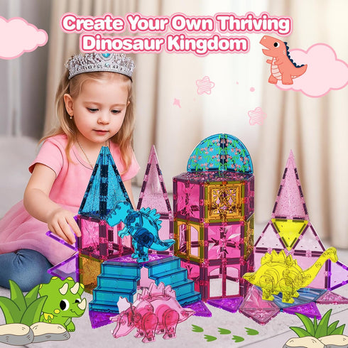60PCS 3-5 4-8, 3+ Dinosaur Toys Magnetic Tiles for Girls, Magnet Building Blocks Sensory Toy for Girls Boys Ages STEM
