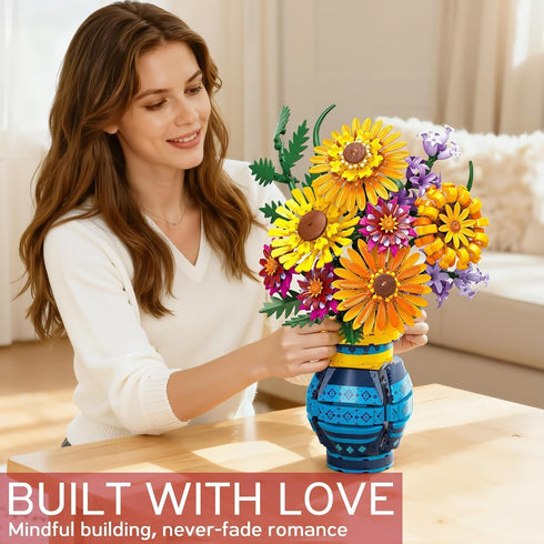 Set, 1065 Sunflower Bouquet Building Blocks w/ Vase PCS Botanical Collection, Birthday Gifts for Mom Women Grandma