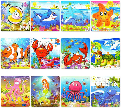 Vileafy 12Pack Sea Animals Wooden Jigsaw Puzzles, 20 Pieces Each, Party Favors for Kids Age 4-8