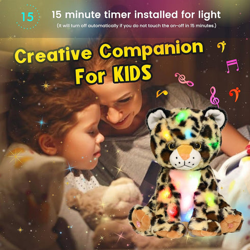 11'' Hopearl LED Musical Plush Leopard Lighting Up Cheetah Stuffed Animal Panther Floppy Night Lights Glow in The Dark