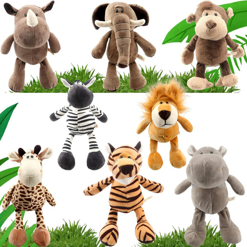 8 Pieces Jungle Animal Plush Toys Set - 11 Inch Lion, Elephant, Zebra, Giraffe, Tiger, Monkey, Rhino, Hippopotamus
