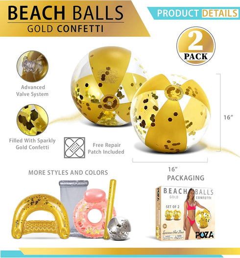 POZA Inflatable Beach Balls Set of 2 - Elegant Glitter Confetti Floaters, 16 Inches, Heavy Duty Vinyl