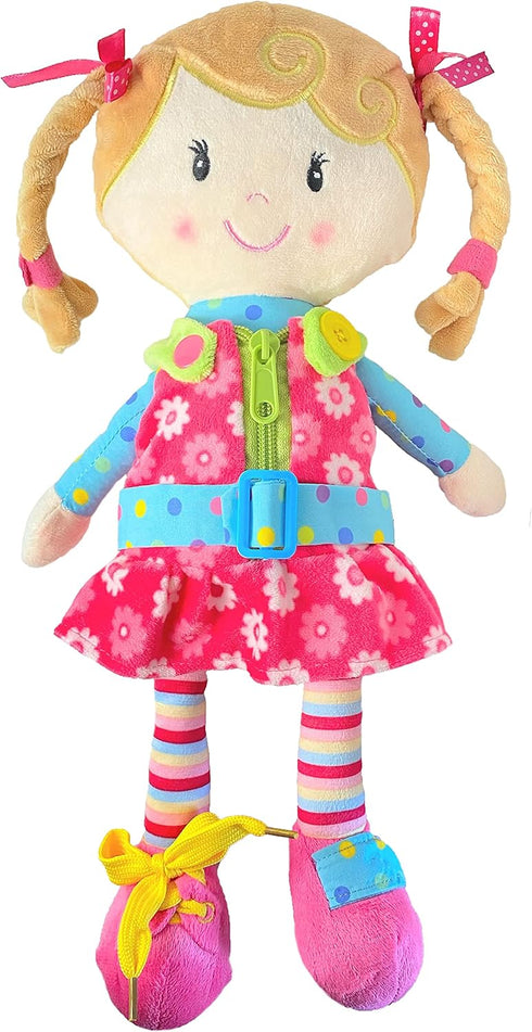 Sugar Snap Plush Learn to Dress Doll for Toddlers - 15" - Montessori Gift for 2 Year Old Girl