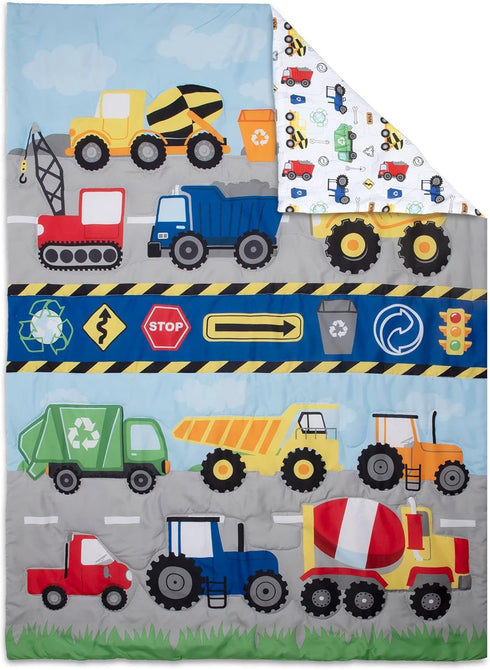Baby Boom 4 Set, Set Funhouse Construction Area Piece Toddler Bedding Trucks Includes Comforter, Sheet Fitted + Top