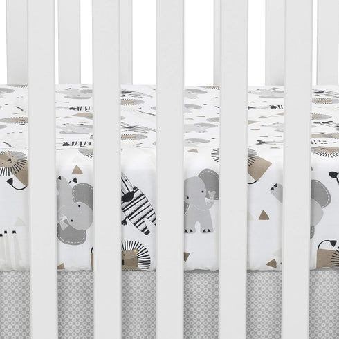 100% Lambs & Ivy Jungle Safari Cotton White/Gray Elephant/Lion Fitted Crib Sheet
