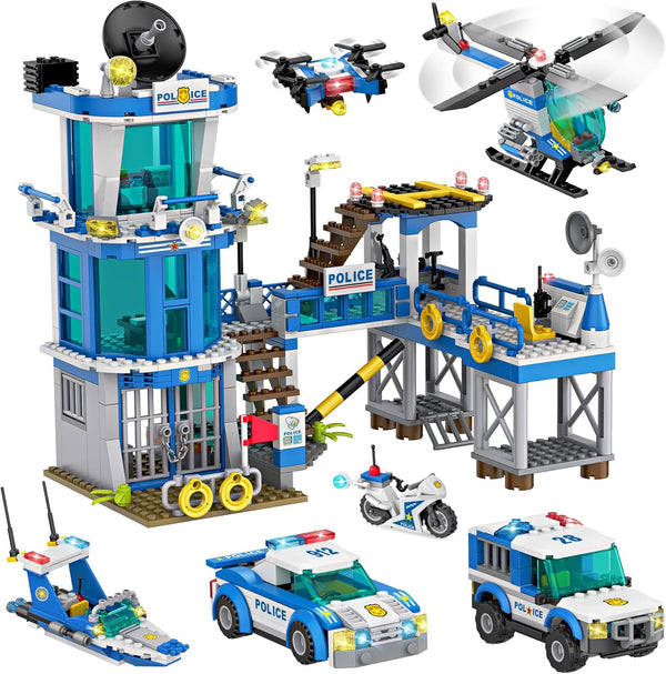 WishaLife City Police Station Toy Building Set - Police Car, Helicopter, Boat, Prison, Fun Gift for Kids 6+