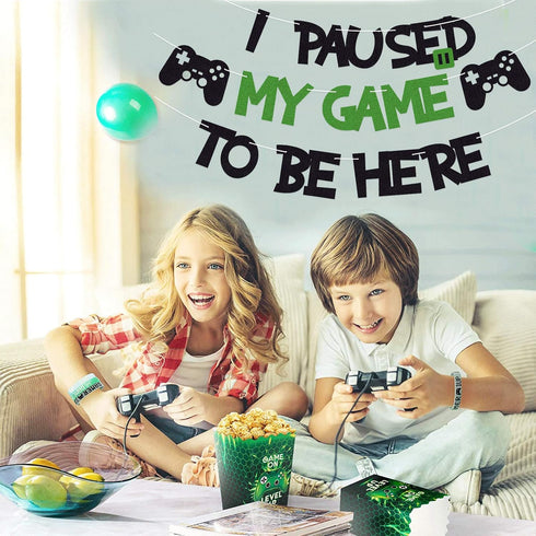 I Paused My Game To Be Here Banner, Glitter Gamer Theme Party Decoration Sign for Kids Video Game Birthday Parties