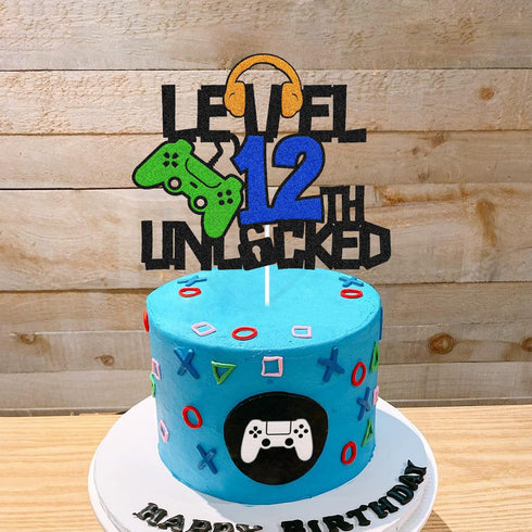 Level 12th Unlocked Cake Topper, Happy 12th Birthday Cake Decoration, Video Game Controller Theme Party Supplies