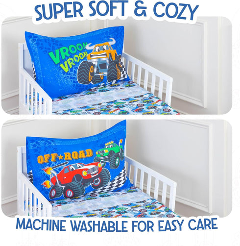 Set 4-Piece Sets Todays Kids Monster Trucks Toddler Bedding for Boys - Toddler Bed Comforter for Boys, Reversible