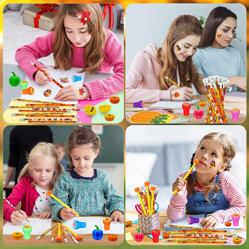 Cinrobiye 244 Pcs Fall Pumpkins Party Favors - Maple Leaf Party Supplies, Thanksgiving Day School Stationery Set,