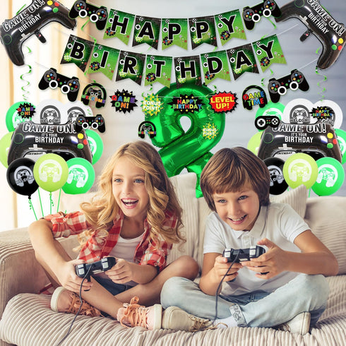 Video Game Party Decorations - 8th Birthday Supplies with HAPPY BIRTHDAY Banner, Tablecloth, Balloons