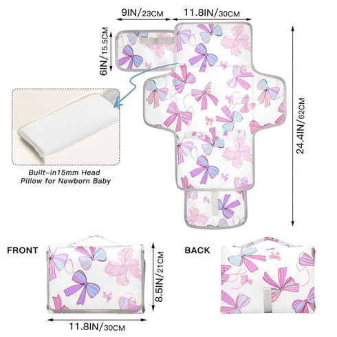 VEKELEE Pretty Pink Bows Portable Diaper Changing Pad for Baby, Waterproof & Foldable Changing Mat, Soft & Comfortable
