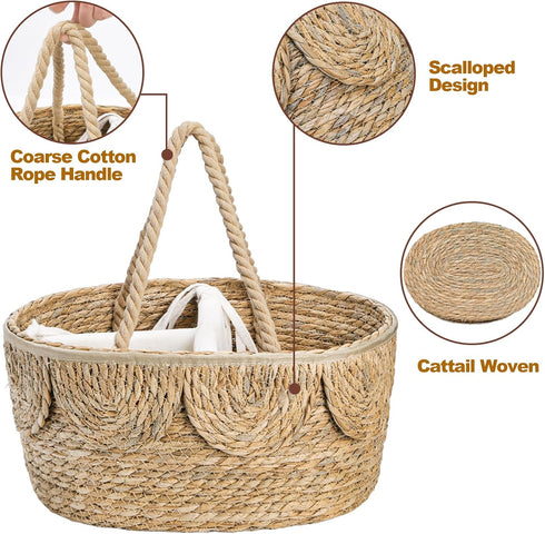 Lawei Little Diaper Caddy Organizer, Handwoven Natural Rush Grass Nursery Baby Basket with Removable Cotton Divider