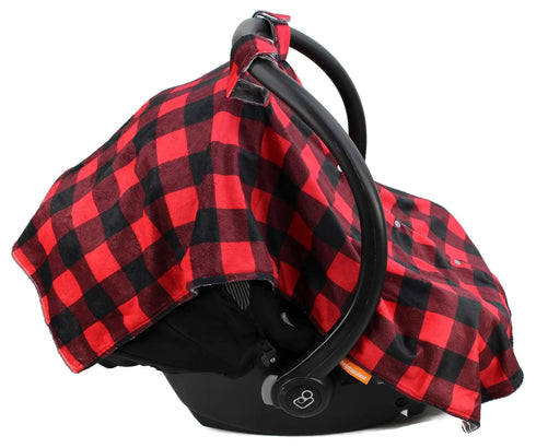Dear Baby Gear Car Seat Canopy - Baby Carrier Cover - Infant Car Seat Cover - White Antlers, Plaid Red & Black