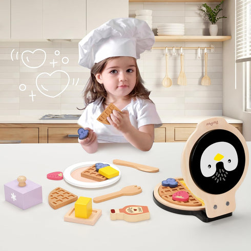 Playset, Playset, Sets 3+ PairPear Wooden Waffle Maker Toy Food Kids Pretend Play Food Kitchen Accessories, Wooden