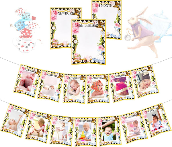 LaVenty Alice in Onederland 1st Birthday Decoration - High Chair Banner and 12 Months Photo Backdrop