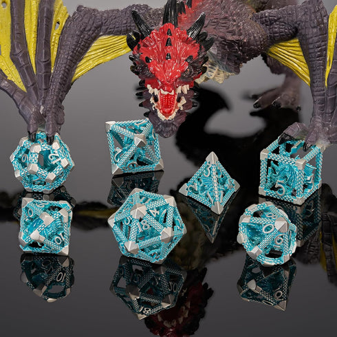 D&D Hollow Metal Blue White Dragons Polyhedral Dice Set for Dungeons and Dragons RPG Tabletop Games