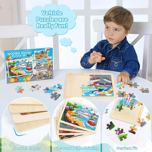 3-5, 4 Packs 4-6, 24-Piece 3-5,Preschool 4-8 Wooden Puzzles for Kids Ages Puzzles for Kids Ages Truck Vehicle Wood