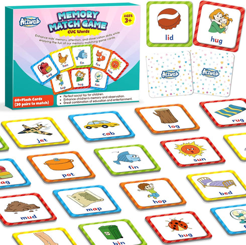 CVC Word Match Game, Memory Game, 60 Pcs Toddler Card Games for Kids Ages 3-6, Phonics Flash Cards for Preschool