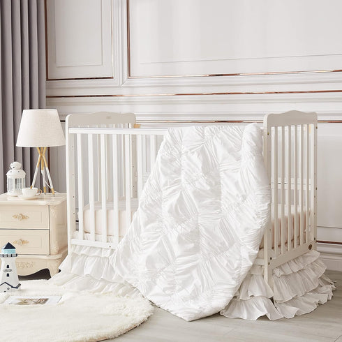 Brandream Triple Layer Cotton Crib Skirt - Solid White Dust Ruffle for Nursery