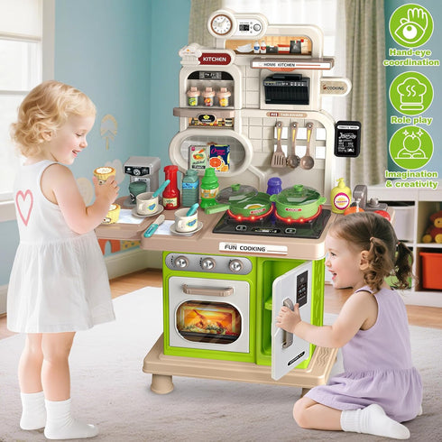 Set, Playset 57 2-4 3-5 Play Kitchen Kids Kitchen with Realistic Sound & Light, Cooking Stove, Sink, Play Food